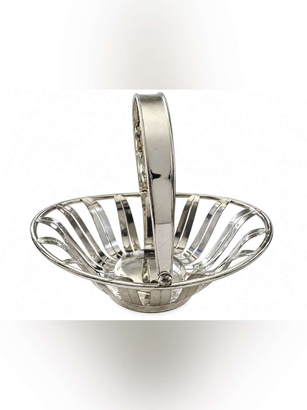 GSA Silver Tone Metal Swing Handle Basket | Modern Sculptural Serving Basket 13”